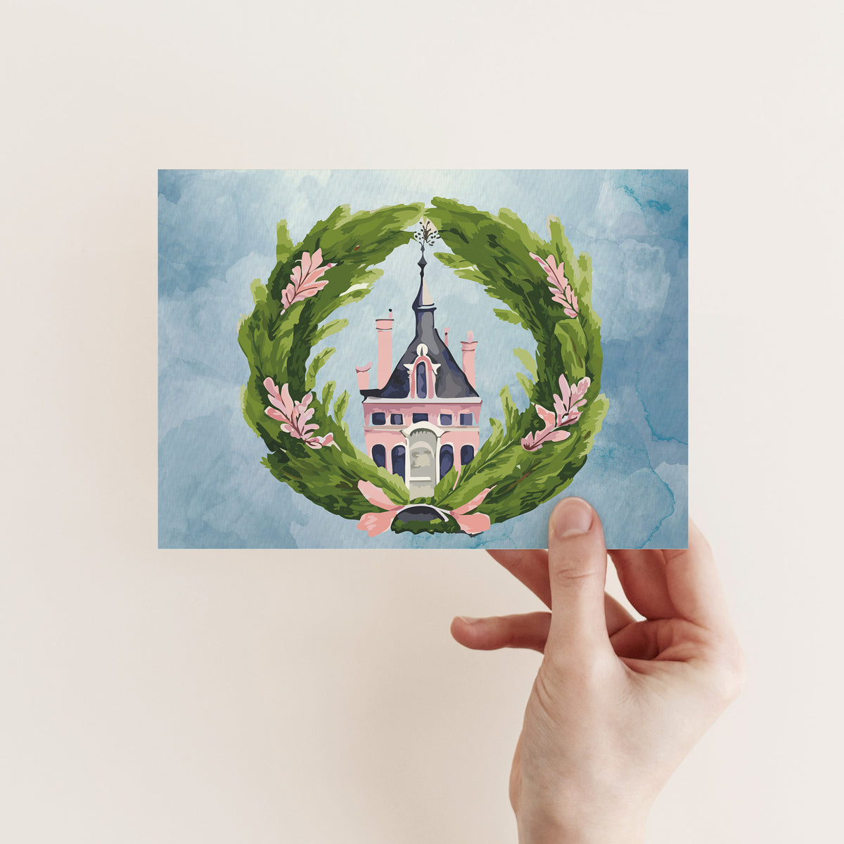 Card set of 24 featuring a watercolor pink house with chimneys and spire framed in a round green wreath.