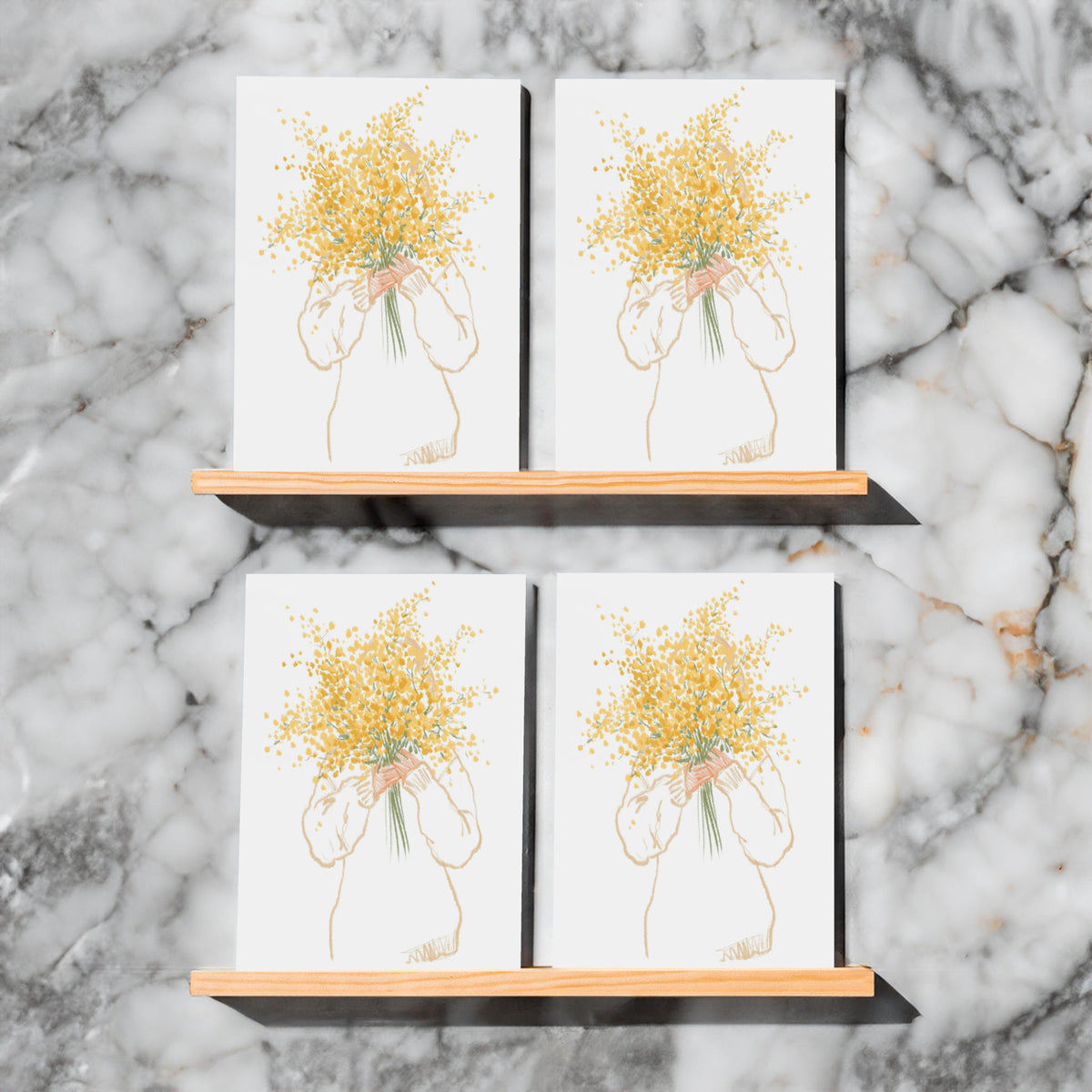 Hand-drawn flower bouquet illustration on a set of 24 notecards with a white background.