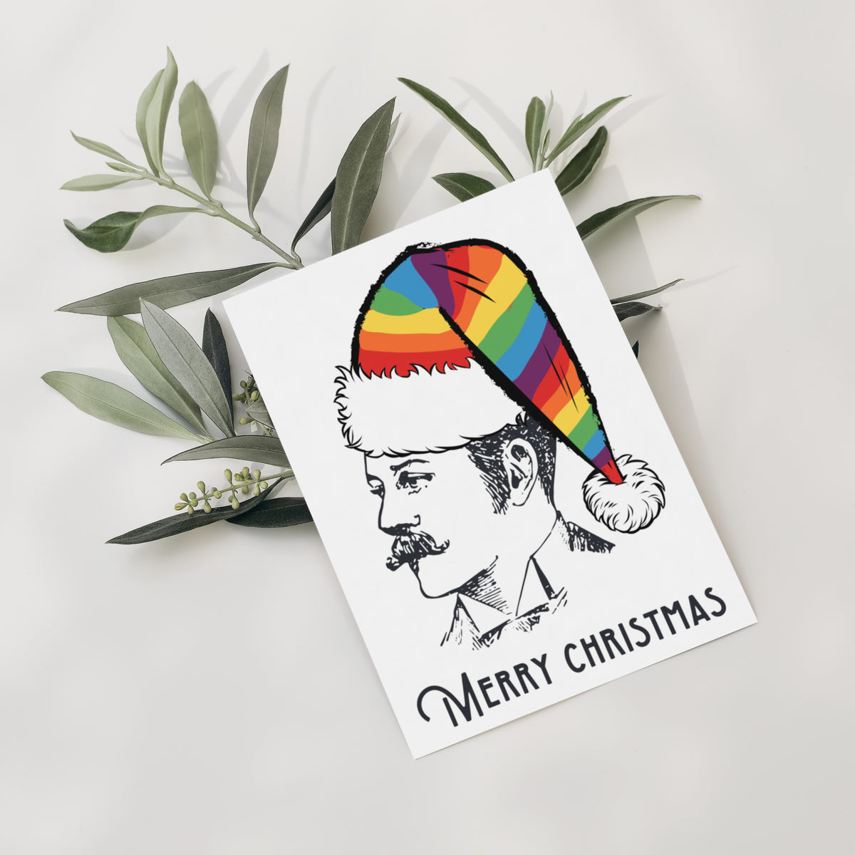 Rainbow Christmas tree card: single tree illustration graduating from red at top to purple at bottom.