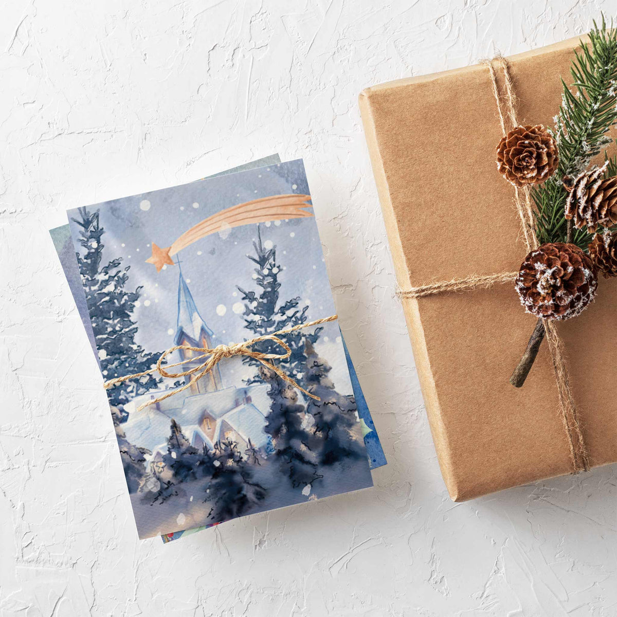 Set of 24 cards with full-bleed watercolor nativity and winter religious imagery, text-free.