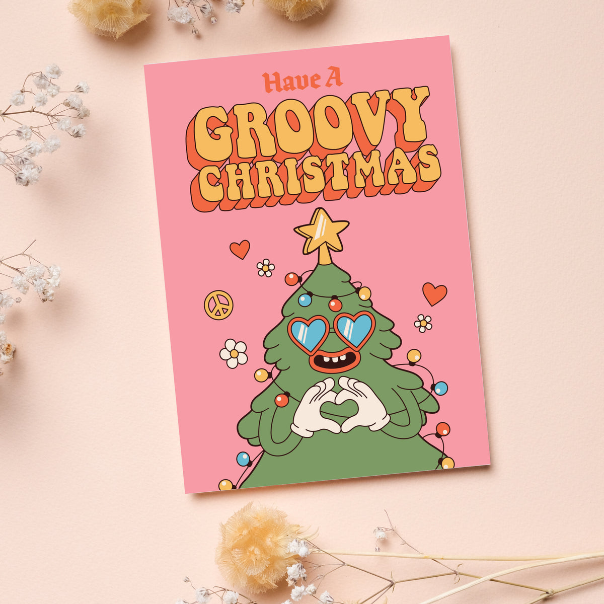 Christmas card set with 12 designs on green, pink, olive, mint, orange, peach, yellow, and blue-gray backgrounds.