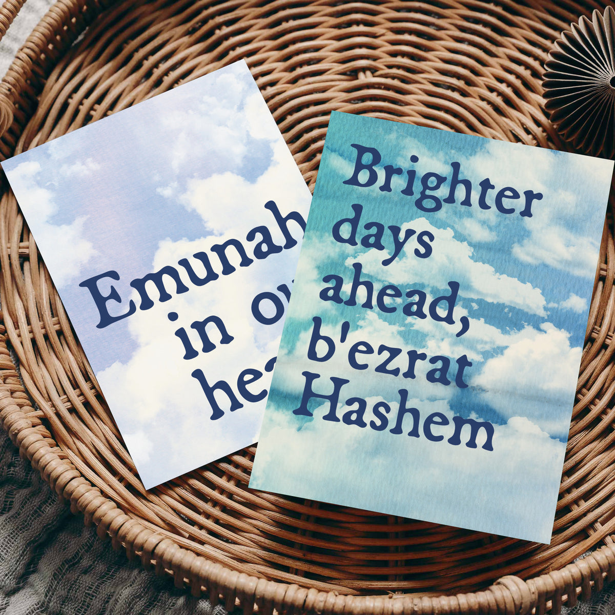 Encouragement cards with phrases including "Emunah in our hearts" and "Simcha amidst struggles" on cloud backgrounds.