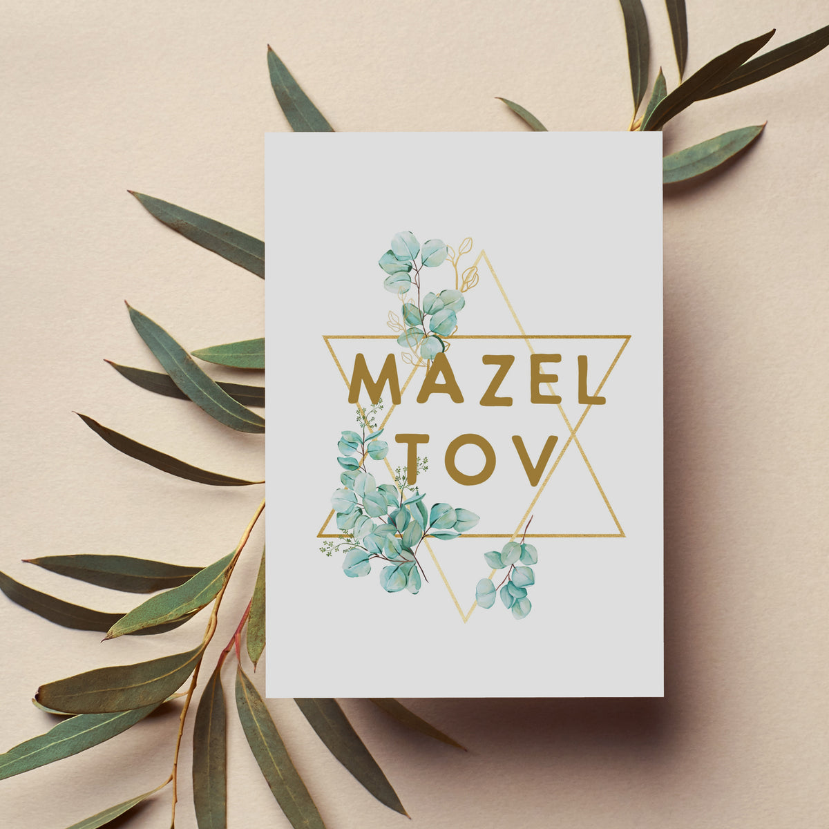 Greeting card set of 24 featuring gold-colored outlined frames, blue-green botanicals, and Mazel Tov text.