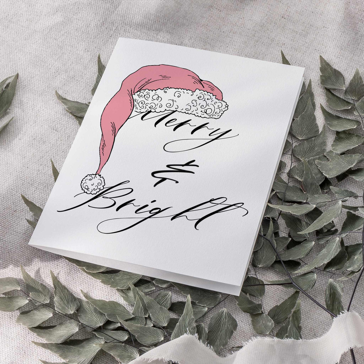 Card set, eight holiday illustrations in flat pink and black on white with wide margins and script text.