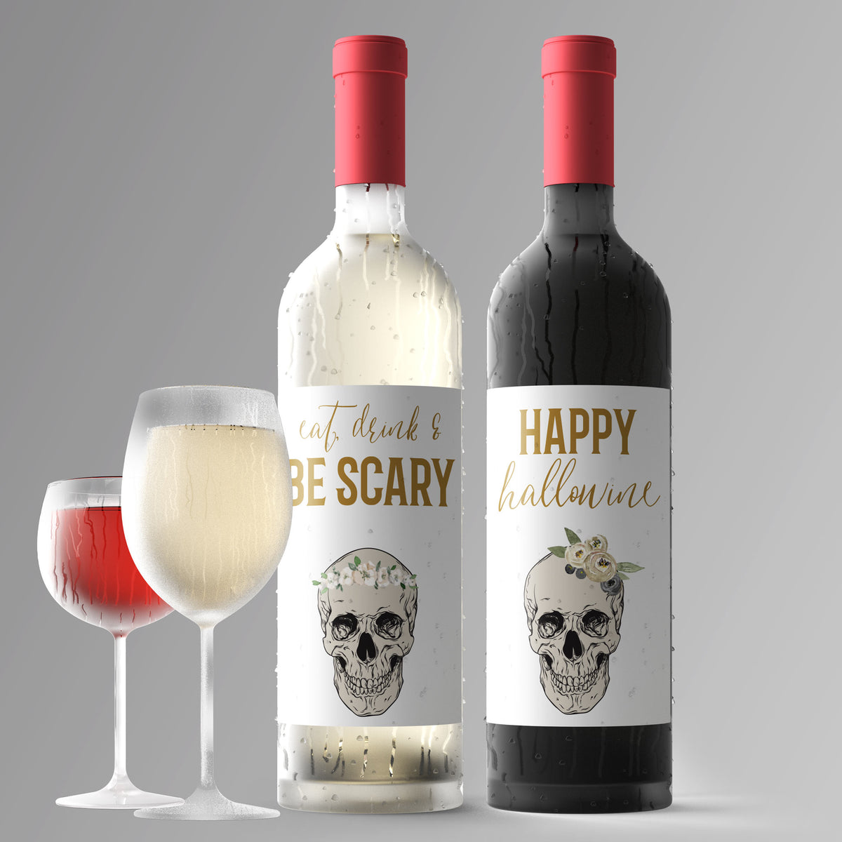Boho Skull Halloween Wine Labels, Pack of 4