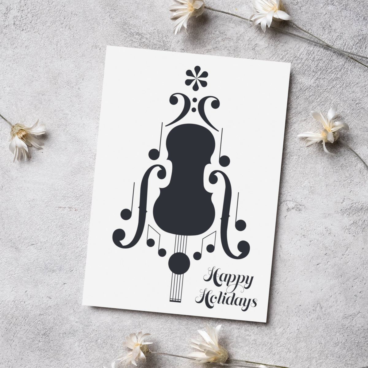 String instrument silhouette composed of musical symbols, flanked by f-hole curls, with "Happy Holidays" in swash-capital scr
