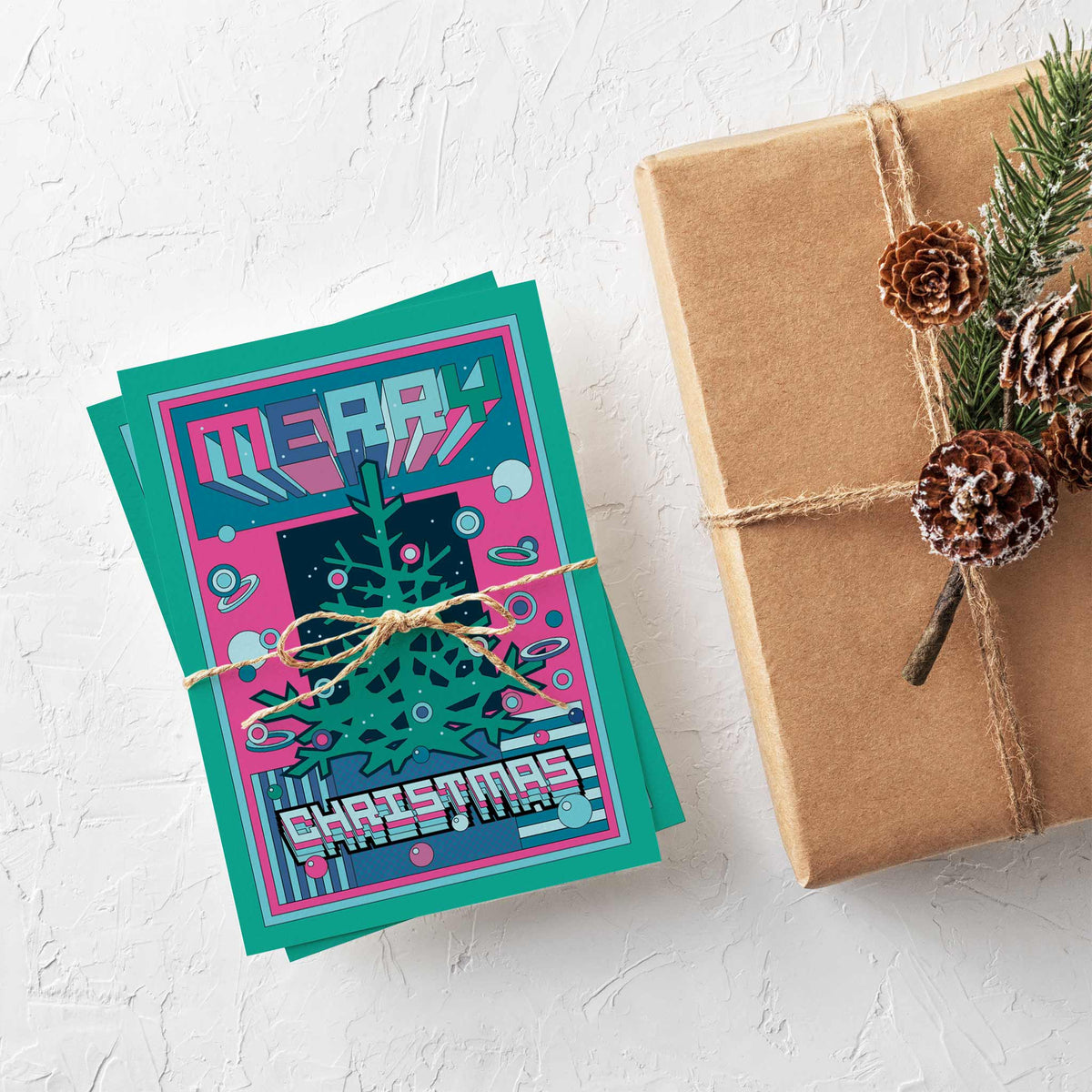 Christmas cards with isometric gift boxes, ringed planets, a crescent moon window scene, and a star-trimmed pine tree in retr