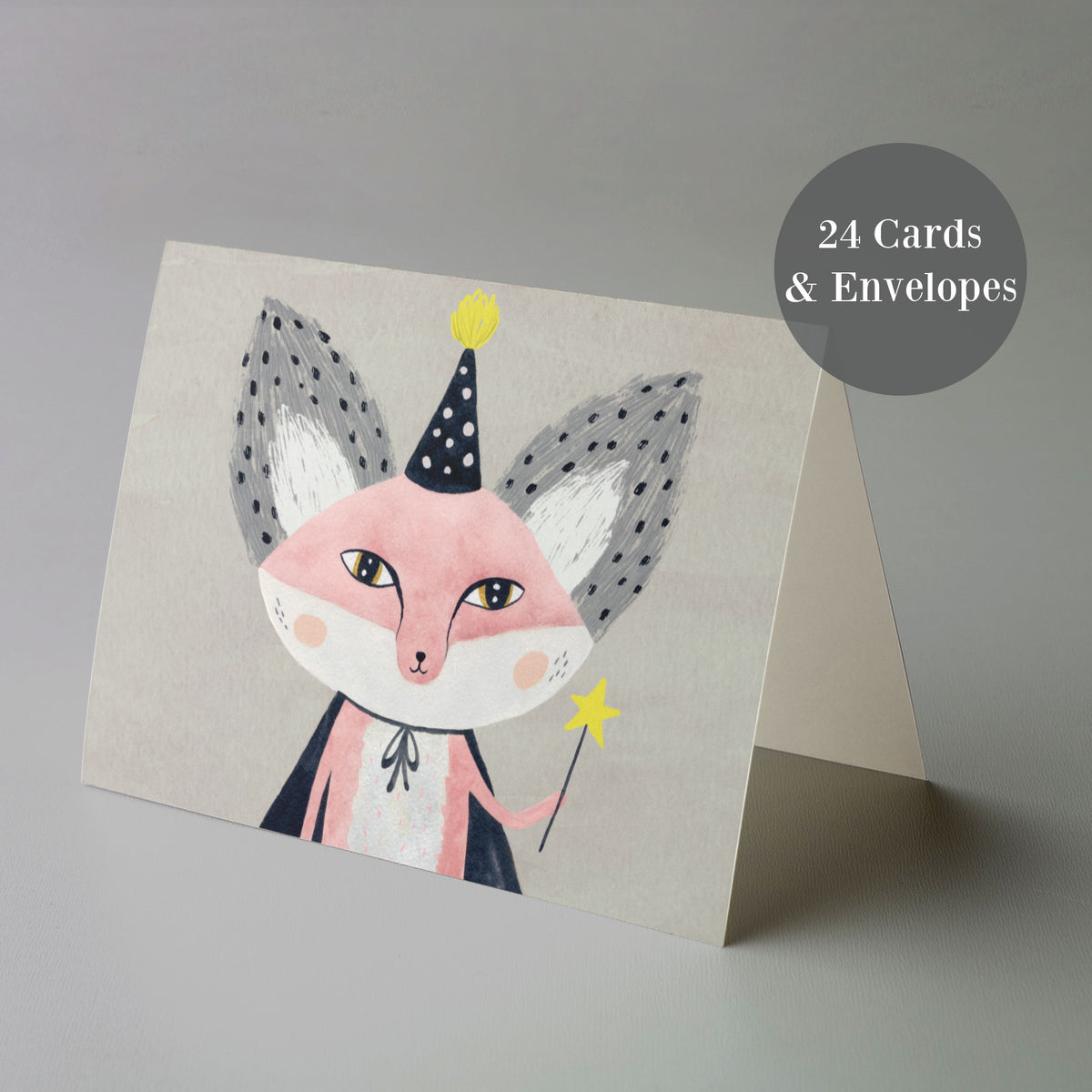 Fox illustration cards, quantity 24, showing a caped fox in a polka-dot party hat on a warm gray-beige background.