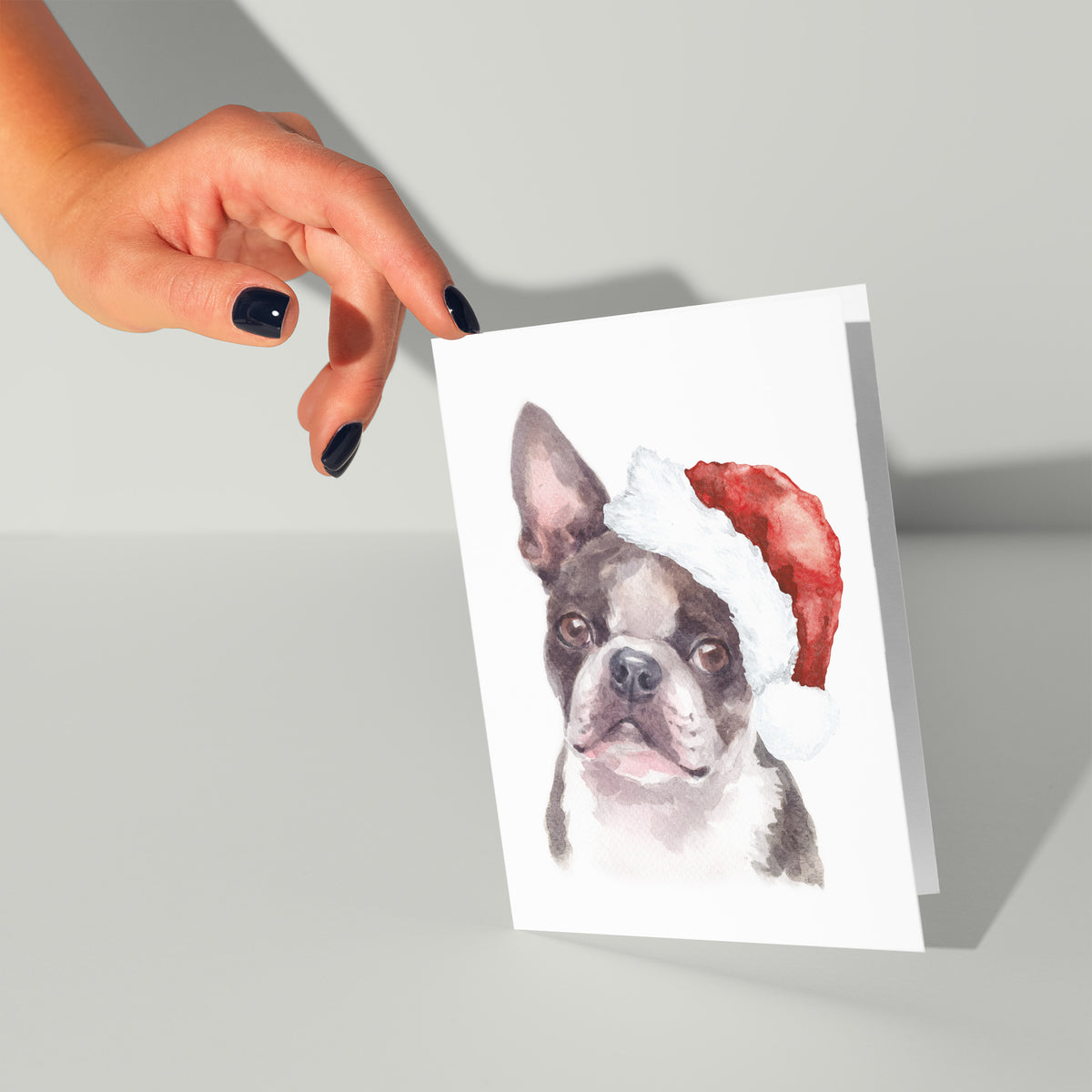Watercolor portrait of a Boston Terrier in a red party hat with white cuff, 24-card holiday set.