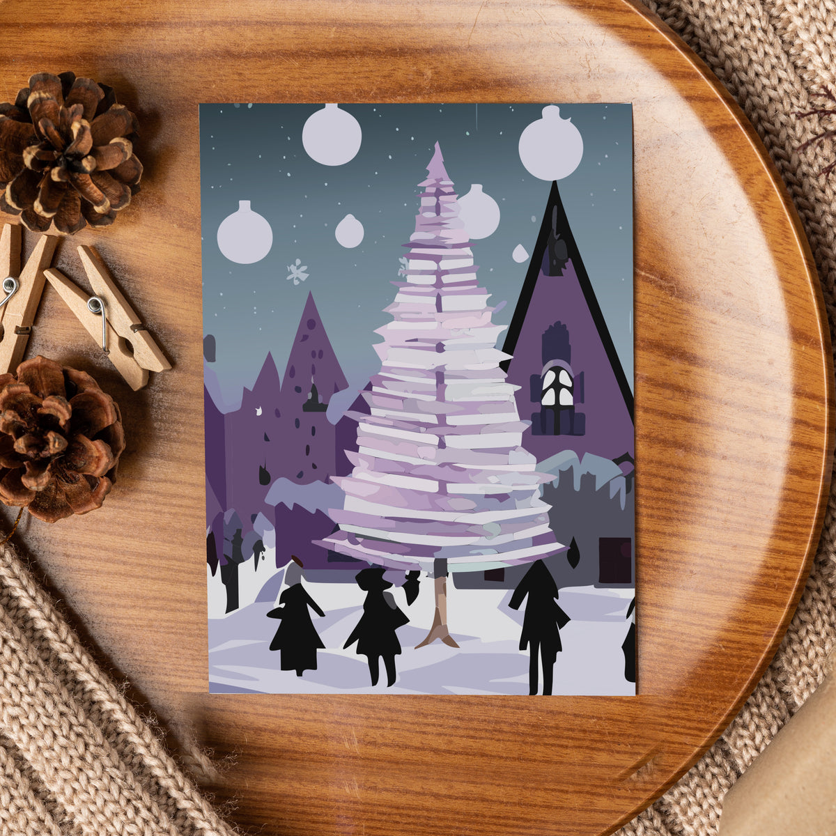 Christmas card collection with snow scenes including bare trees, mountains, clouds, and one village design.