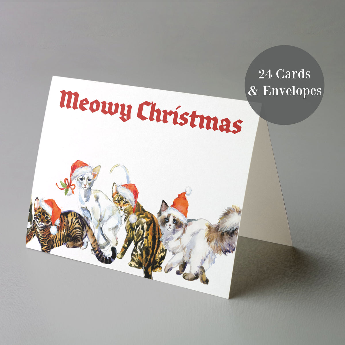 Meowy Cat Christmas Greeting Cards, Set of 24