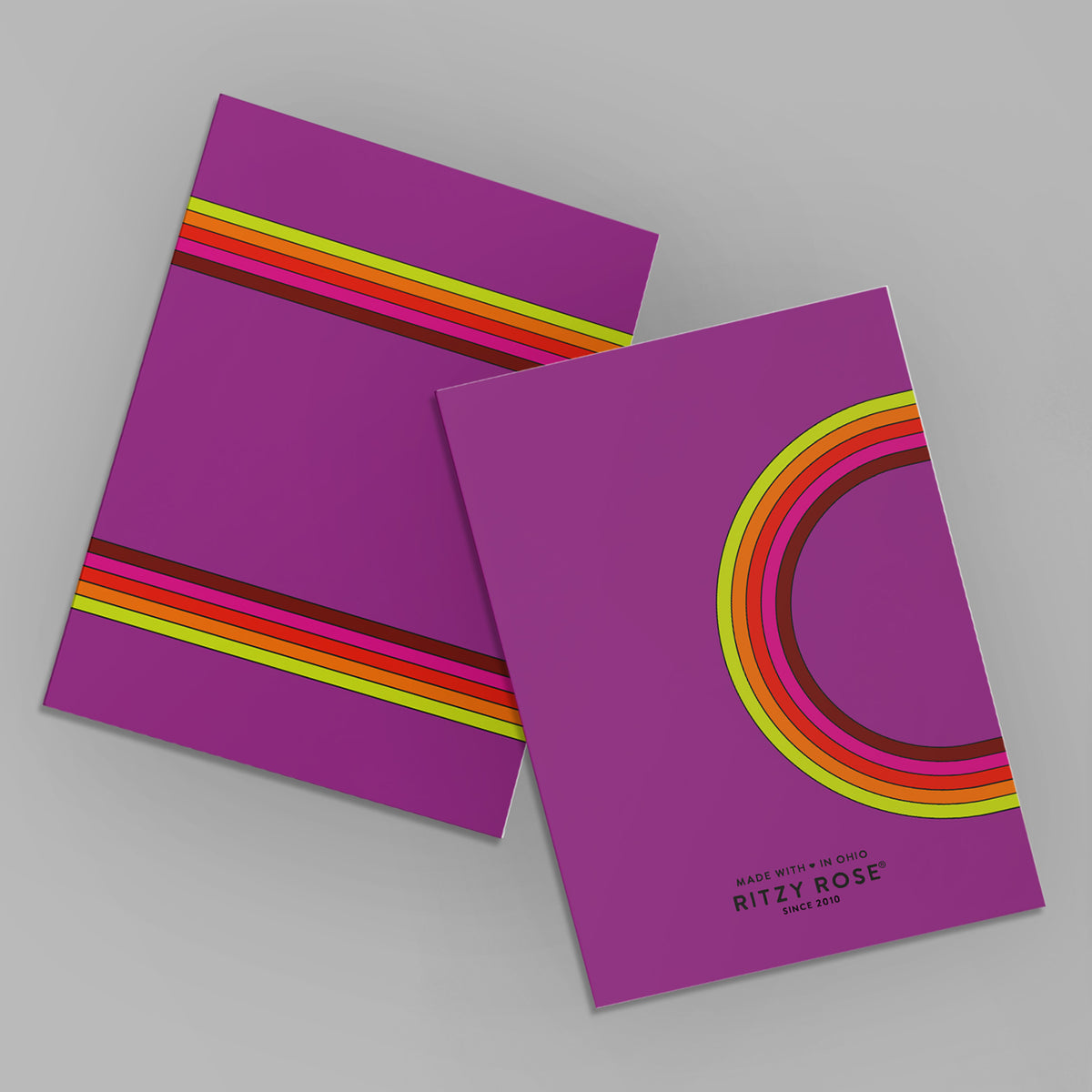 Blank cards with retro rainbow graphics: two arc designs and one stripe design across four colorways.