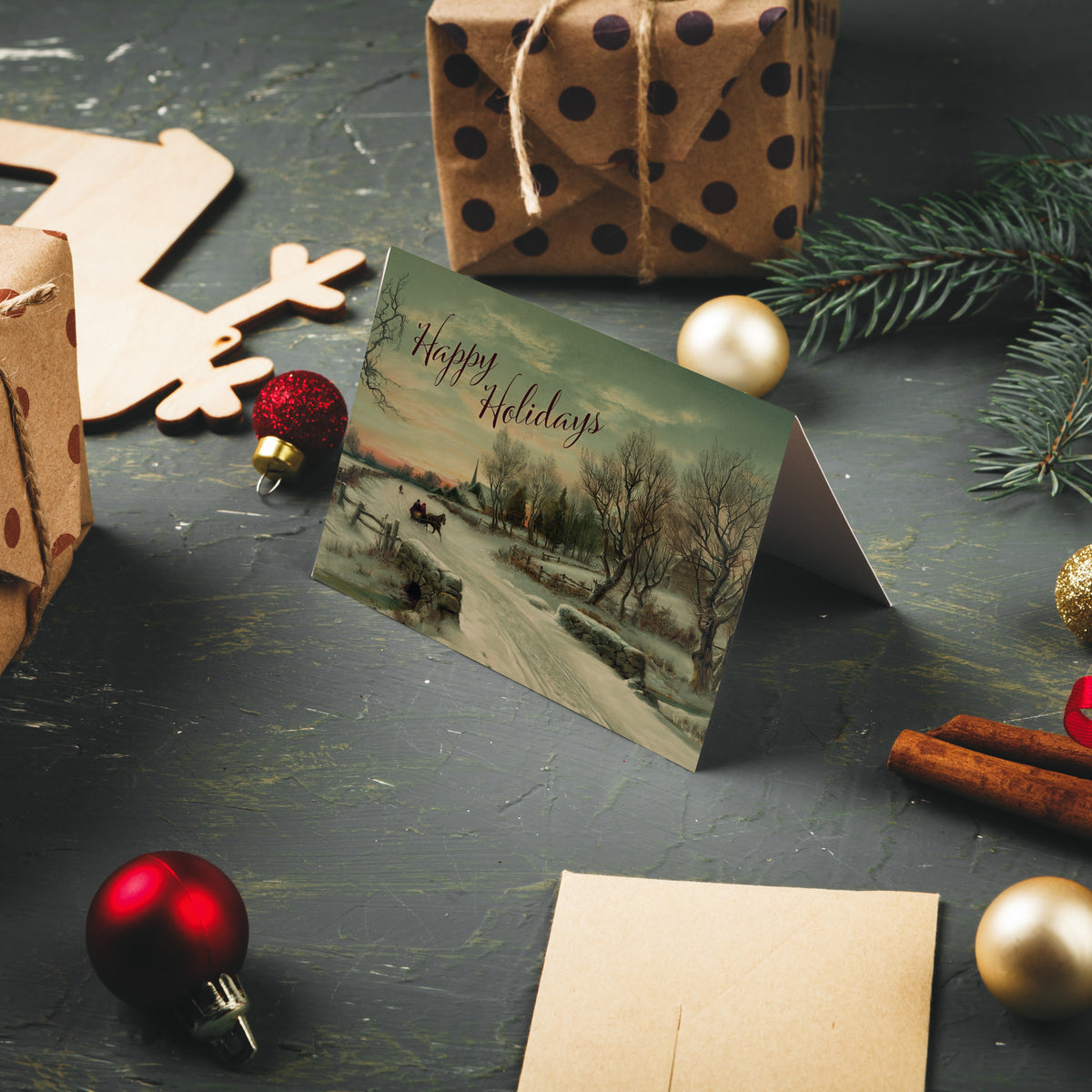 Landscape-format card with snow-covered road, bundled sleigh passengers, bare deciduous trees, and distant farmhouse.