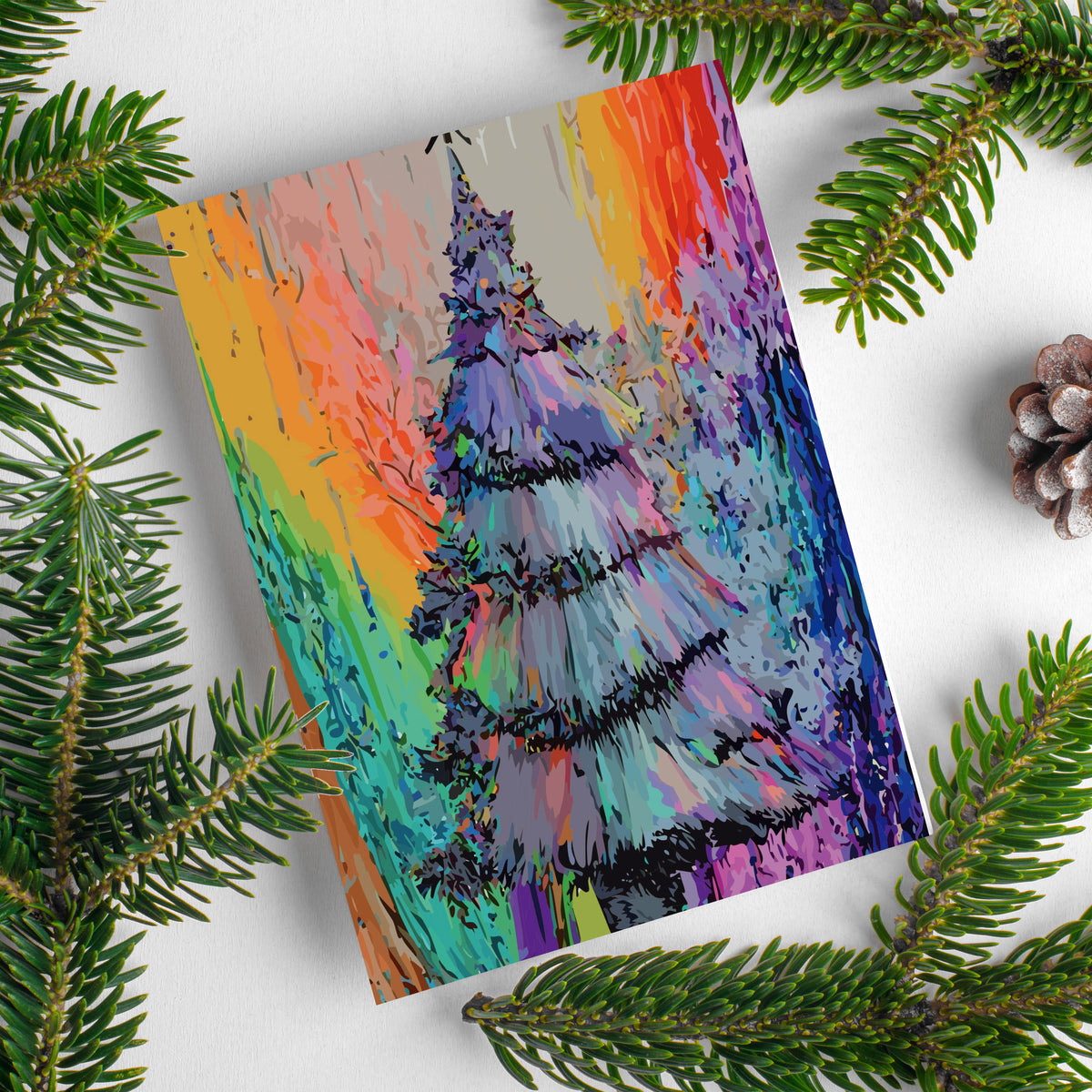 Card holiday set with six tree illustrations, backgrounds in magenta, orange, teal and yellow.