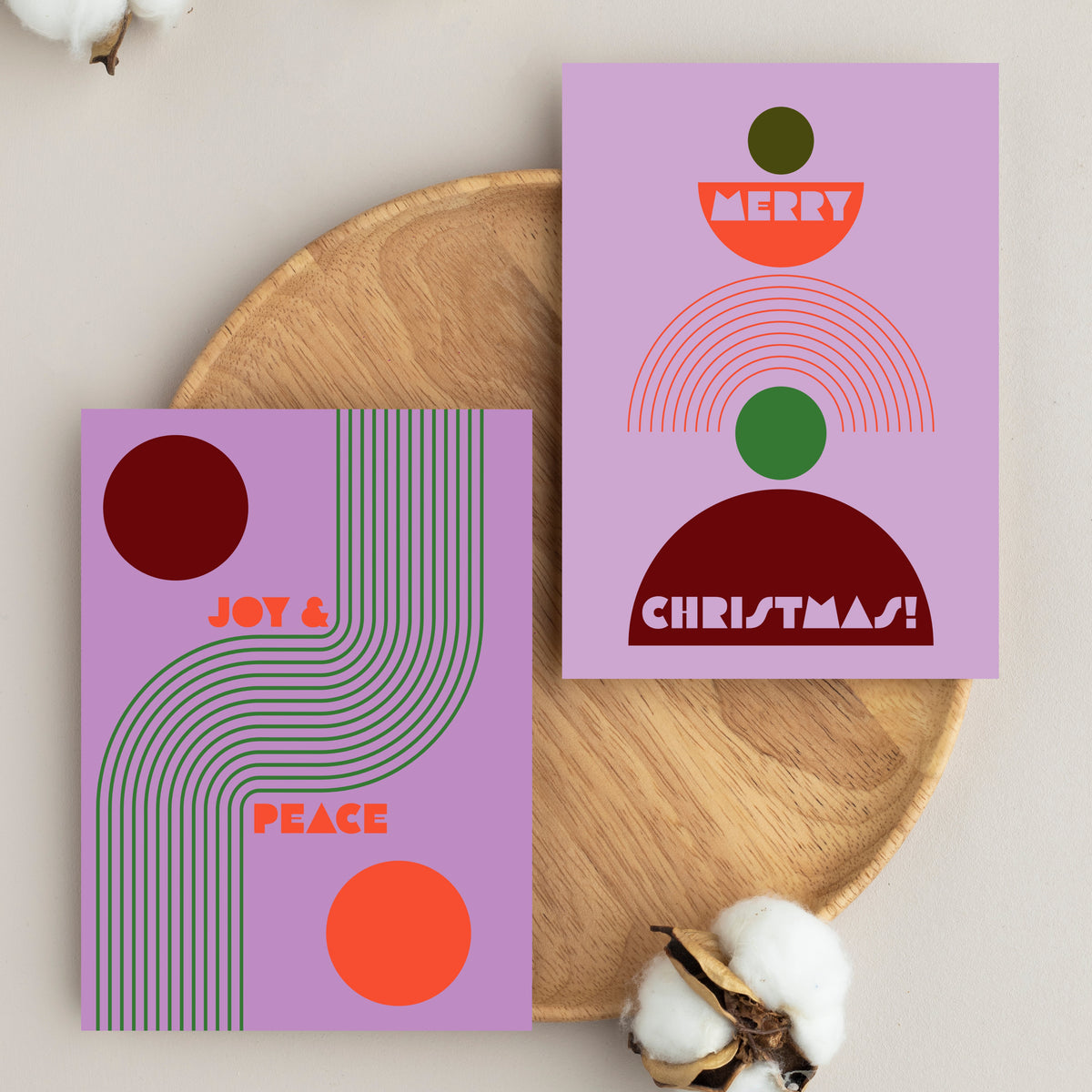 Six flat-design Christmas cards with all-caps art deco lettering in thin-stroke and bold Bauhaus-style typefaces.