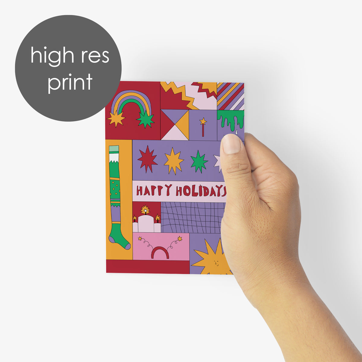 Folded cards, six each of four designs, with eclectic holiday illustrations in lavender, orange, mint, and maroon.