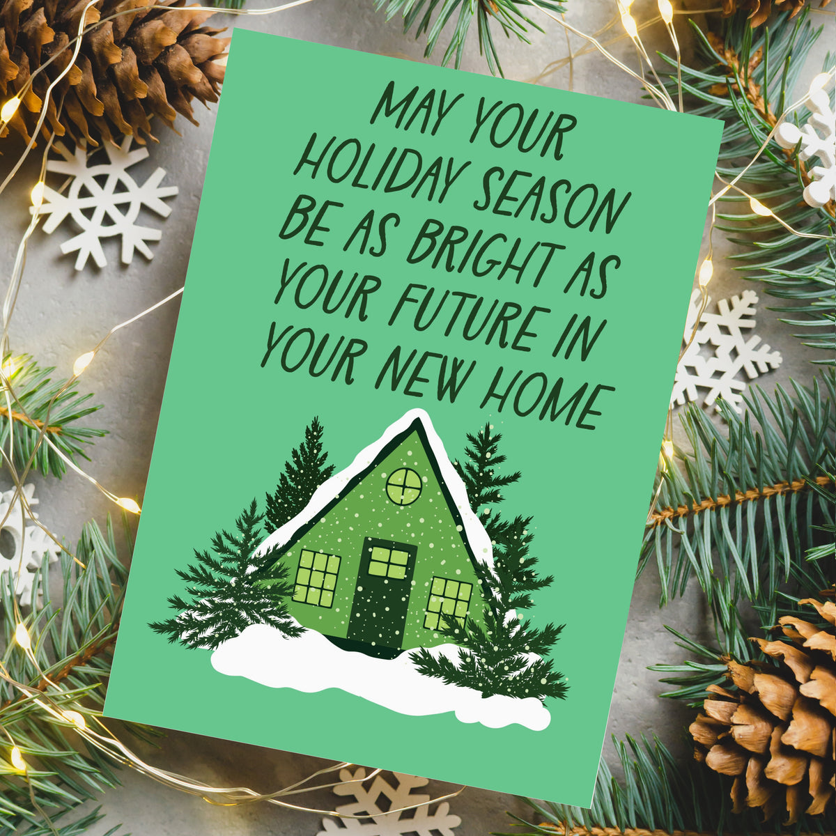 Card holiday set with six scenes including a snow-covered house, decorated tree, layered cake, and brick fireplace.