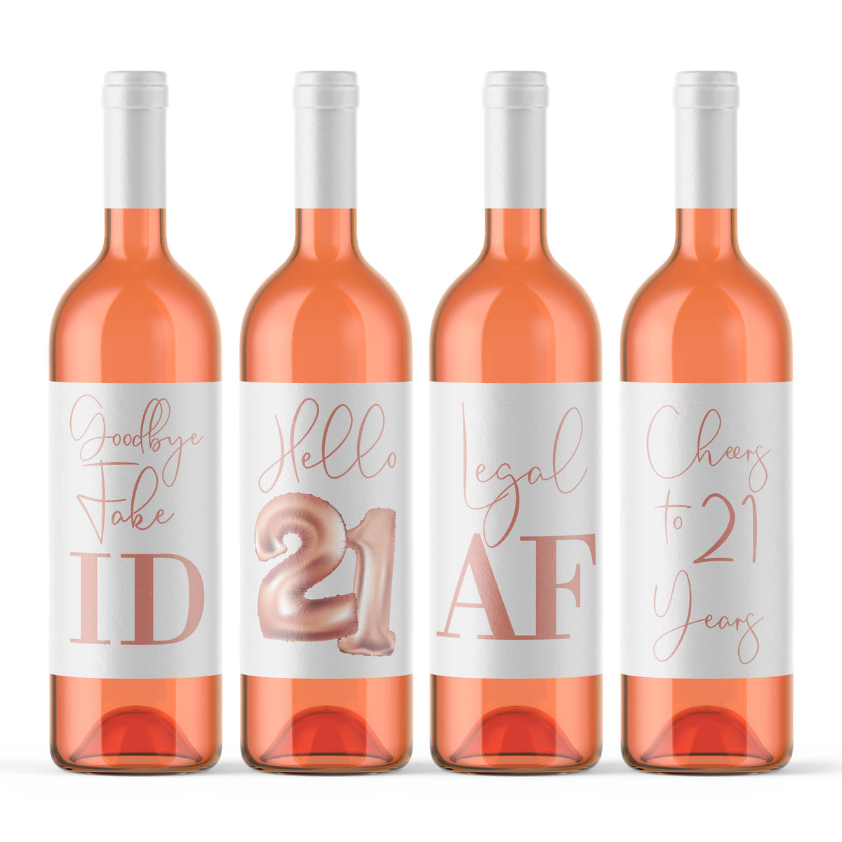 Rose Gold Balloon 21st Birthday Wine Labels, Pack of 4