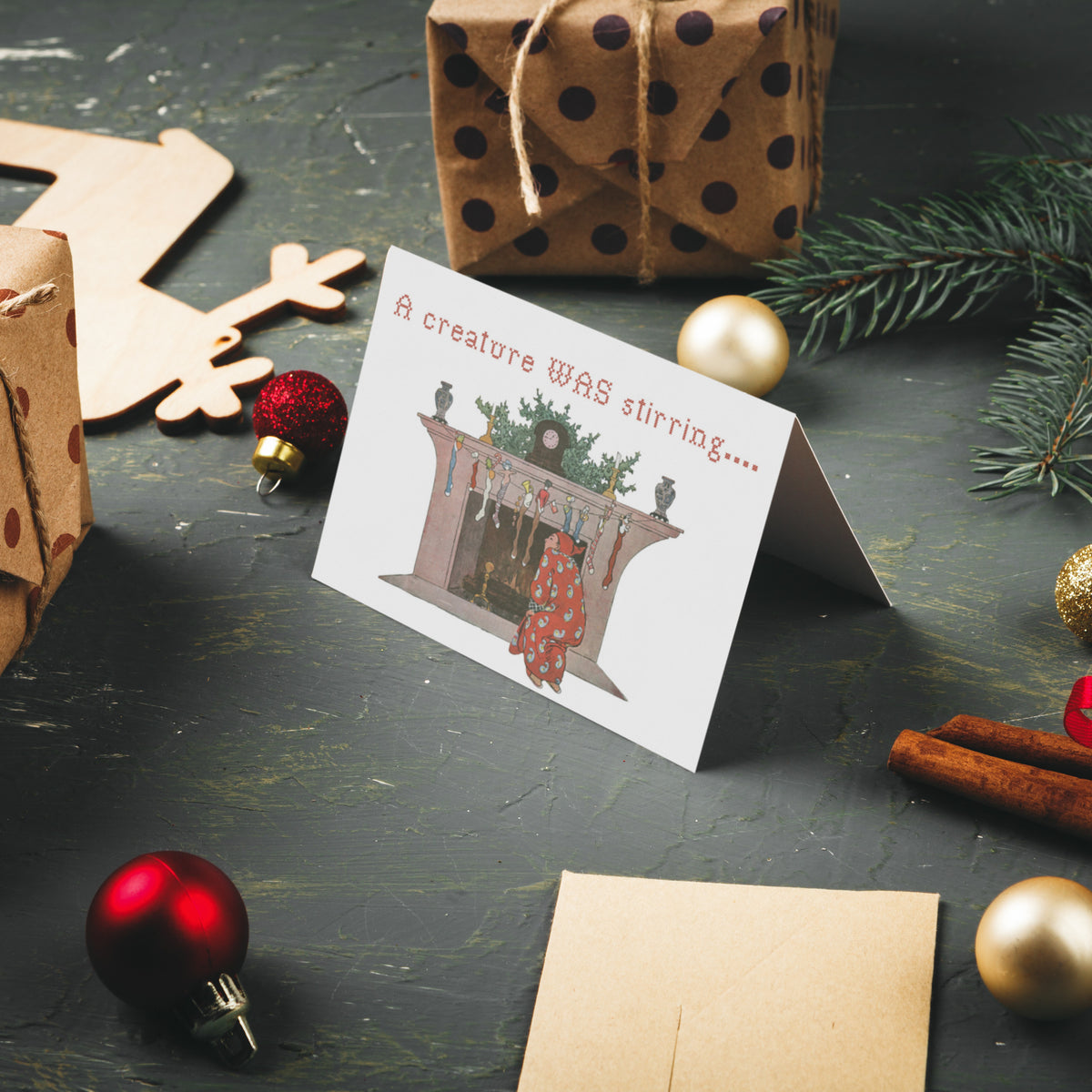 Cards read: "The stockings were hung," "A creature WAS stirring," "Is he here yet?," and "Did I open the flue?"