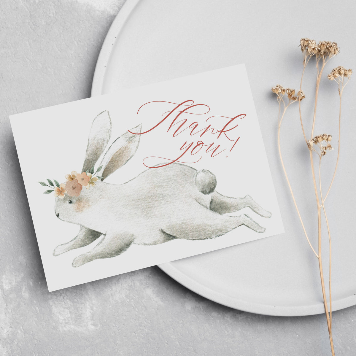 Animal thank you cards with a crowned bunny graphic and delicate script lettering, set of 24.
