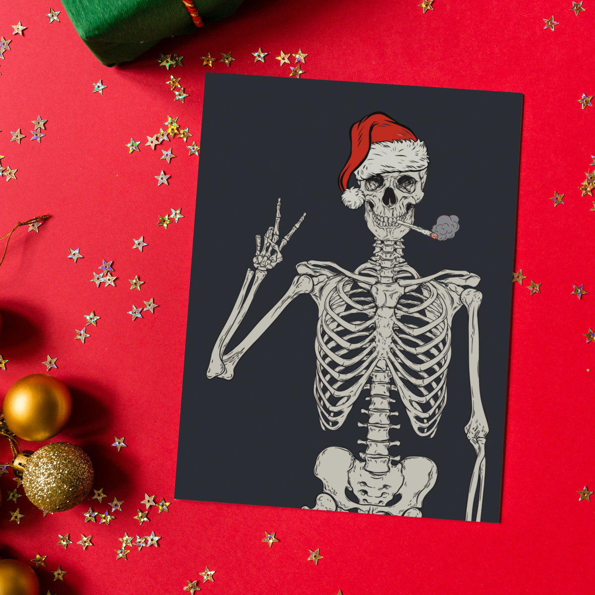 Flat-color illustrated holiday cards with cannabis motifs; two cards per design, twelve designs total.