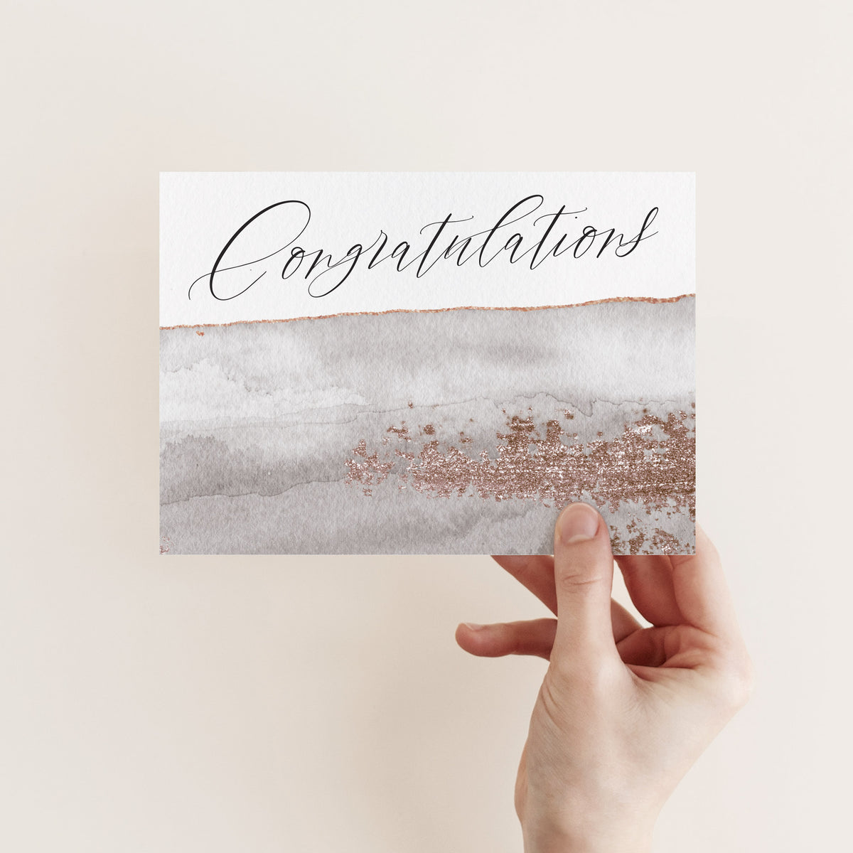Congratulations card set with a single design combining brushstroke-style background and calligraphy text in neutral tones.