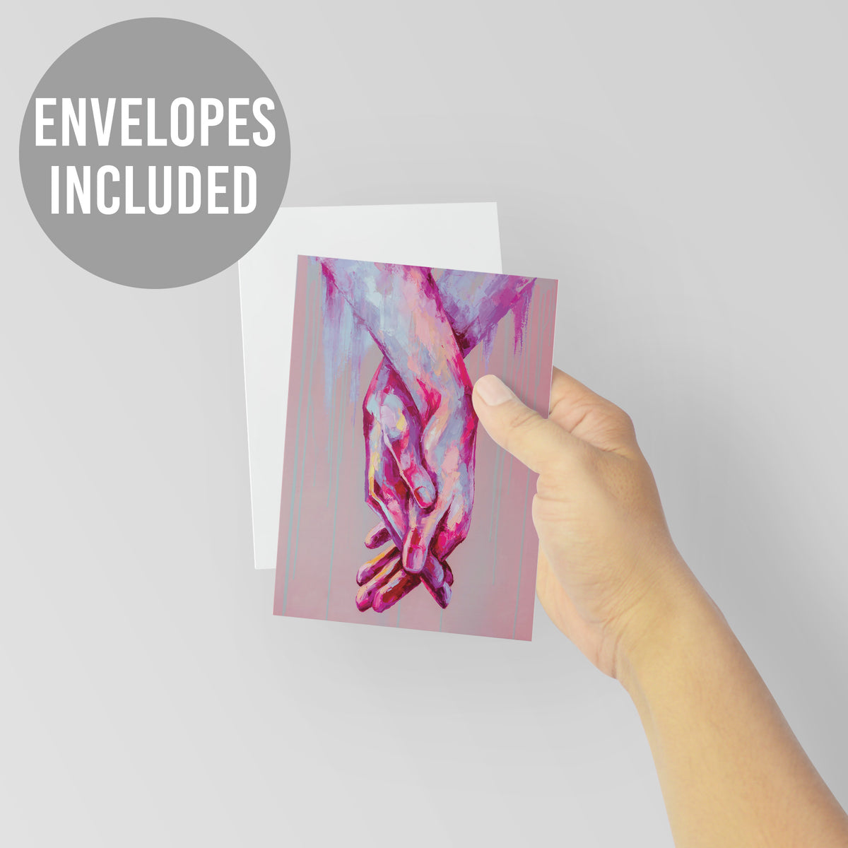 Set of 24 cards, one design, featuring intertwined hands in painterly strokes against a background with vertical drip-streak