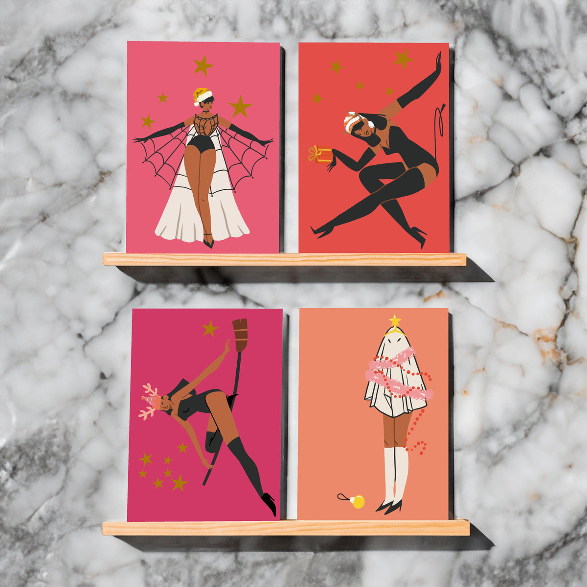 Flat-illustration cards in Christmas and Halloween themes, figures in black heels and seasonal costume on solid colour backgr