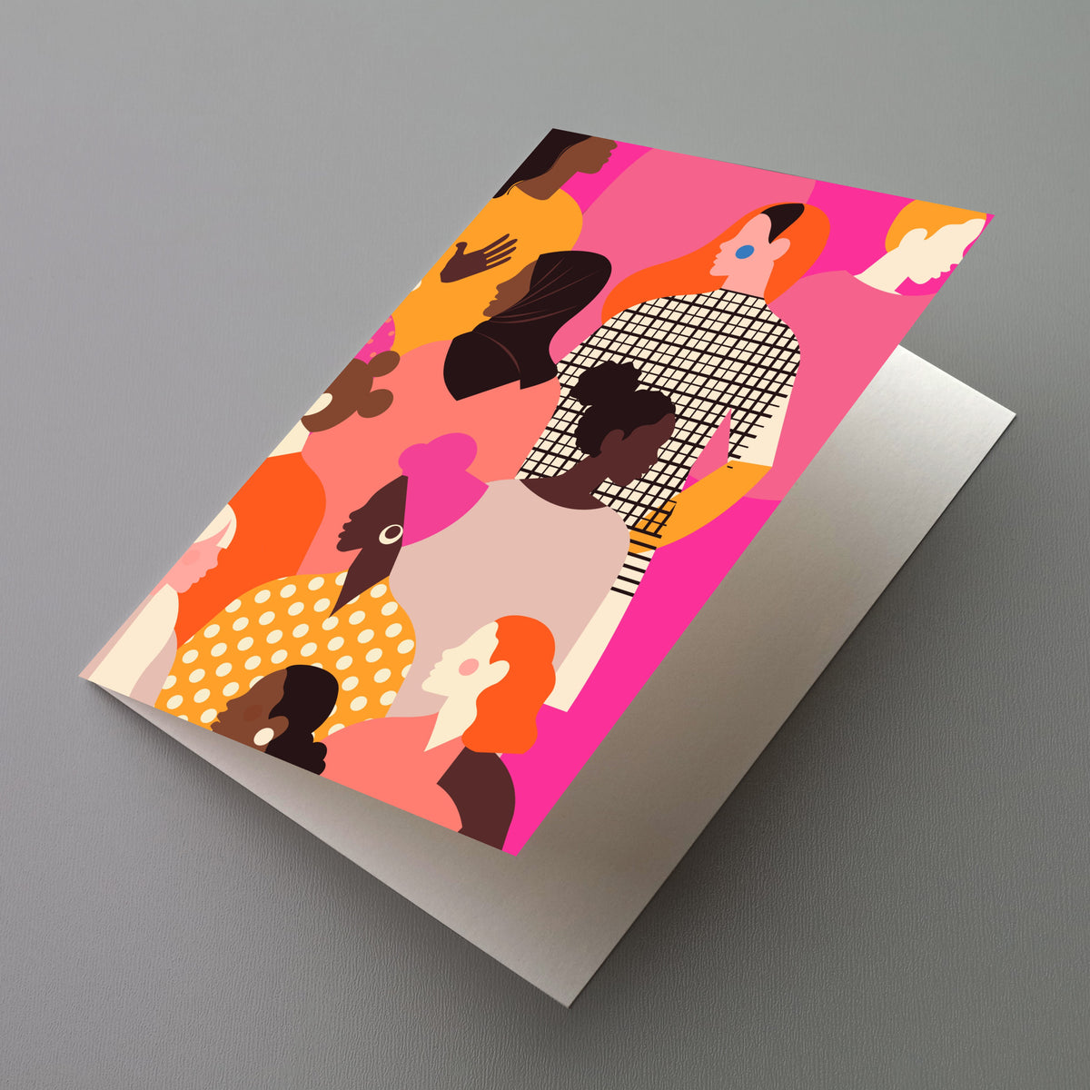 Illustrated card showing women wearing a hijab, bun, loose straight hair, and natural curly hair styles.