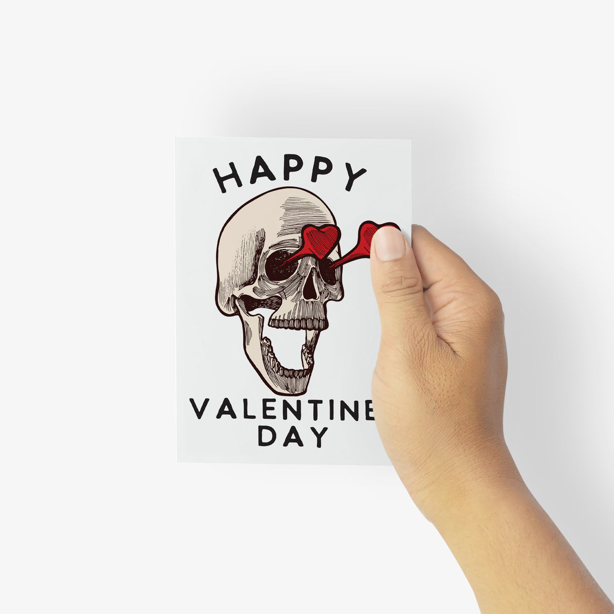 Set of 24 Valentine's Day cards with one repeating skull design, red heart-shaped glasses, bold all-caps text above and below