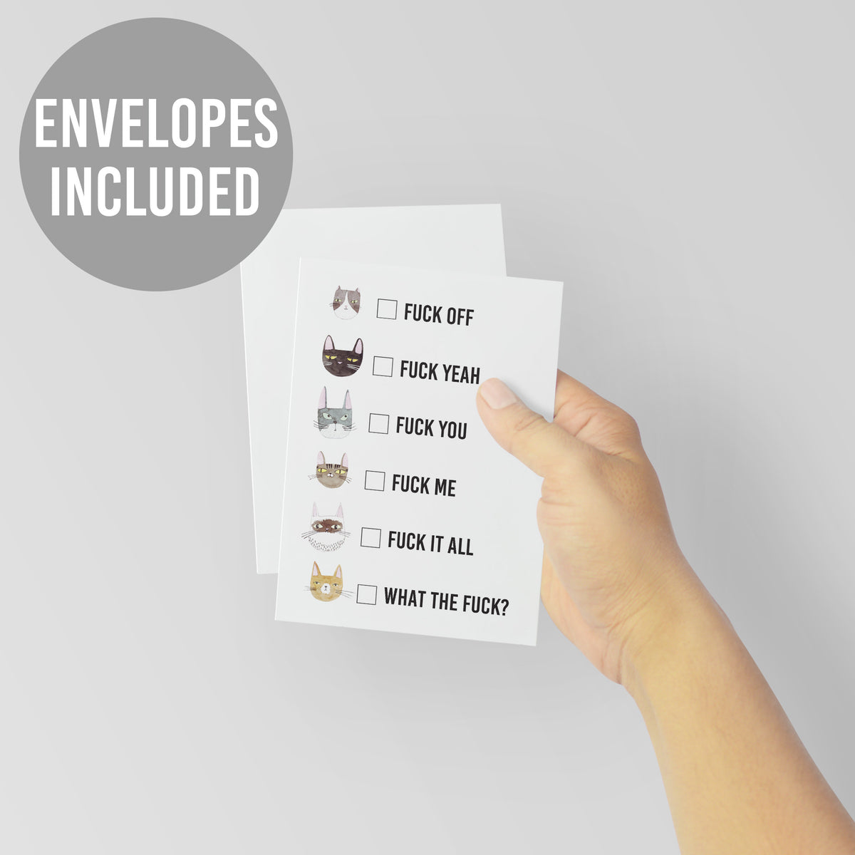 Watercolor cat face checklist card with six rows, each pairing a painted cat portrait, a checkbox outline, and a bold "FUCK"