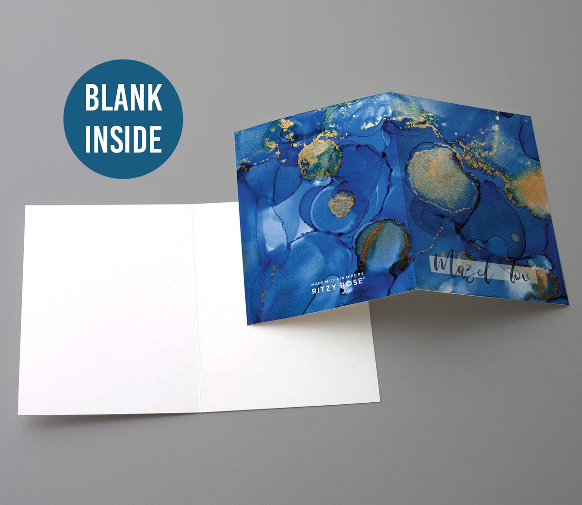 Cards with a deep blue fluid background, dark navy outlines, gold flecks, and a semi-transparent text band.