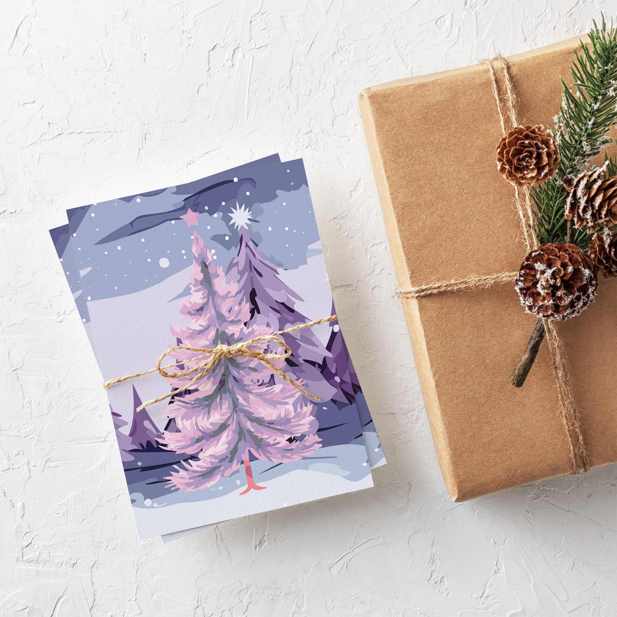 Set of 24 cards with full-bleed winter illustrations; one card design includes silhouetted figures and a purple house.