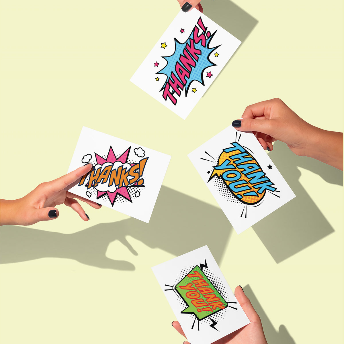 Bold comic book thank you cards with colored text fills in orange, sky blue, hot pink, and orange-yellow with black outlines.