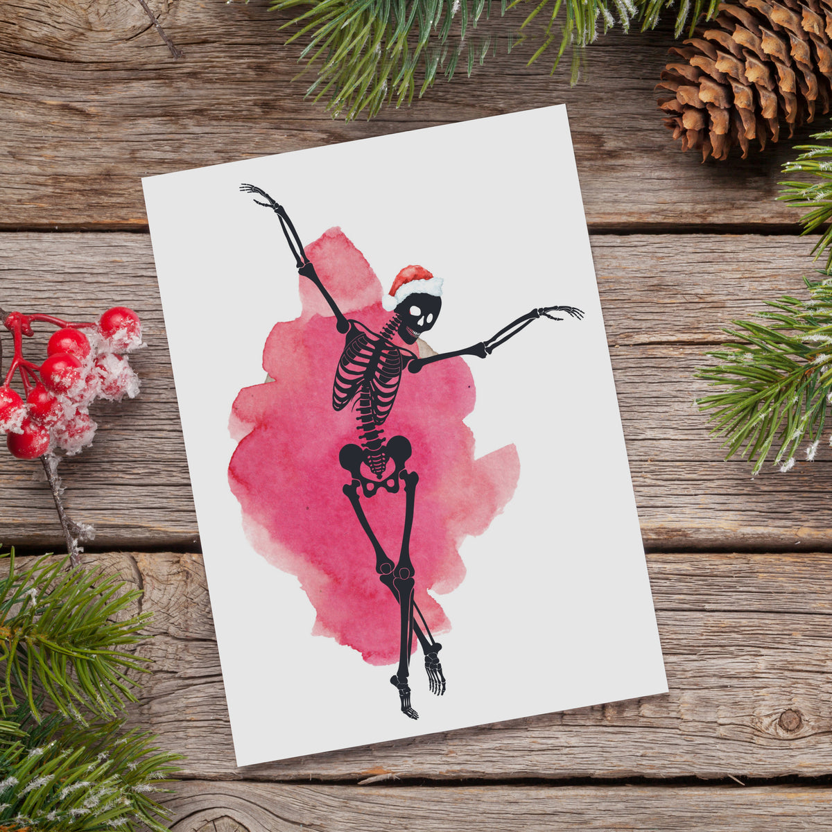 Set of 24 holiday cards with skeleton dancers in six colorways including coral red, olive green, and dark green splashes.