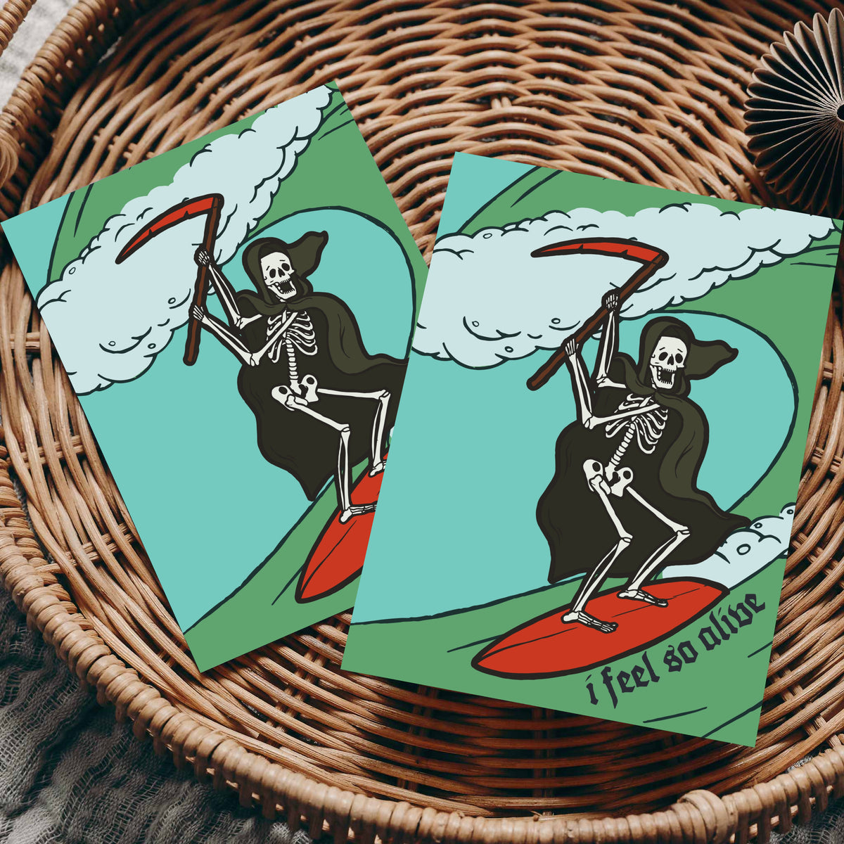 Bold graphic skeleton surfer card set, 24 cards, in green, teal, black, red, and white.