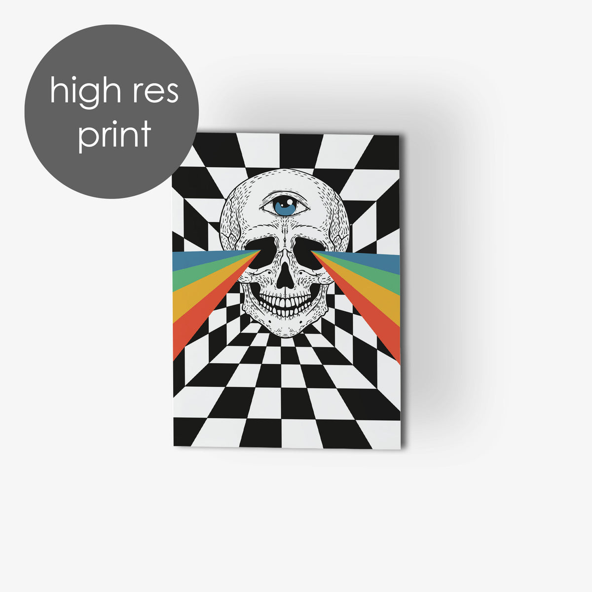 Boxed set of 24 cards featuring a third-eye skull with perspective checkerboard and rainbow rays.