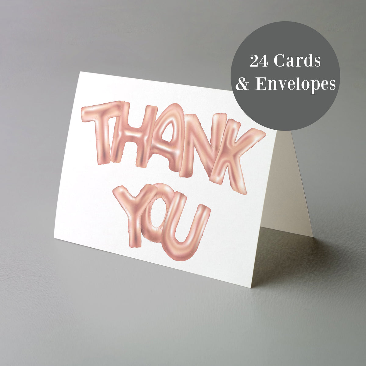 Thank you cards with clean centered layout and metallic pink balloon-style text, 24-card pack.