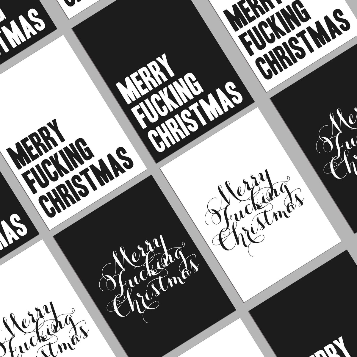 Pack of 24 cards, four variations pairing block cap or script text with black or white cardstock backgrounds.