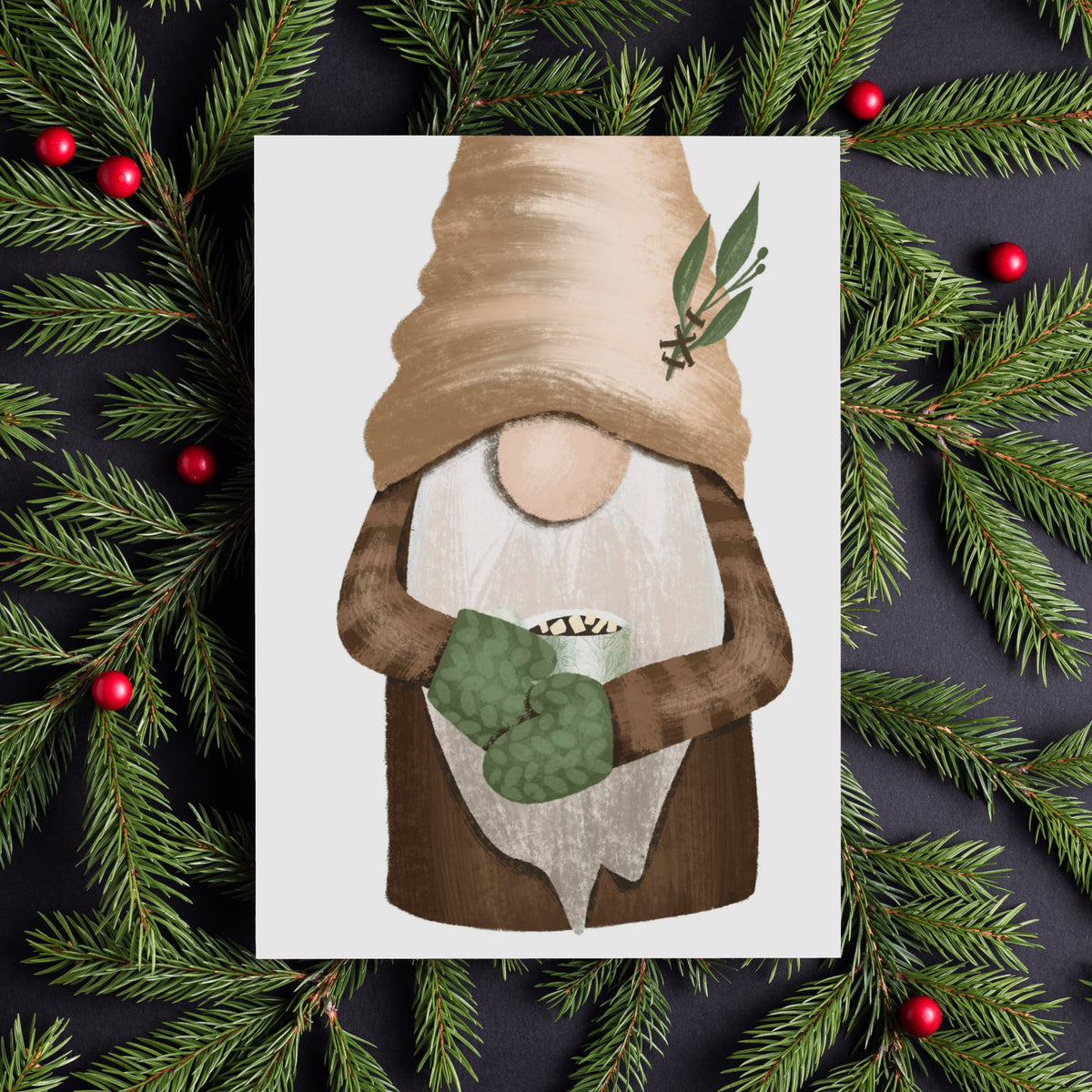 Watercolor gnome cards featuring designs with mittens, scarves, plants, birds, and ski poles.