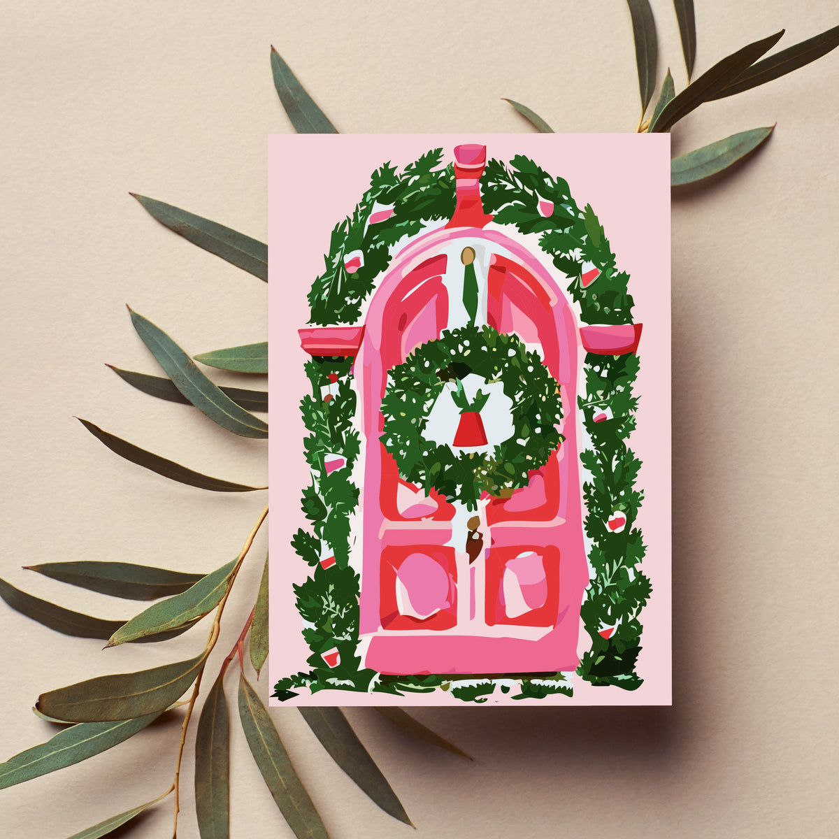 Christmas card set of 24, four illustrated pink door designs with wreaths, red ornaments, and green garland, no printed text.