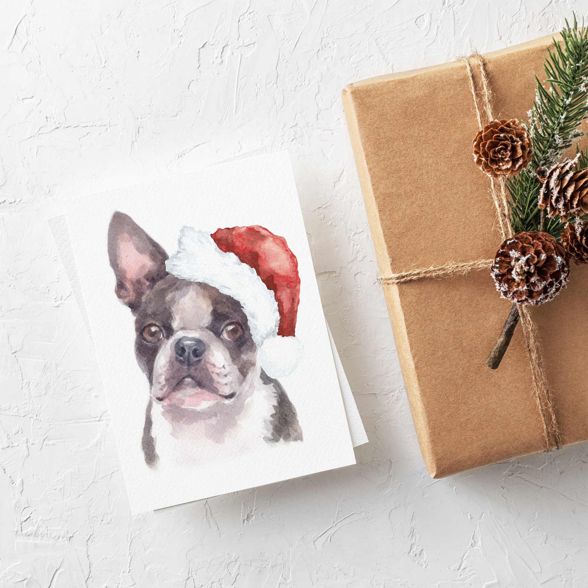 Matching holiday cards, each showing a watercolor Boston Terrier with amber eyes and red hat.