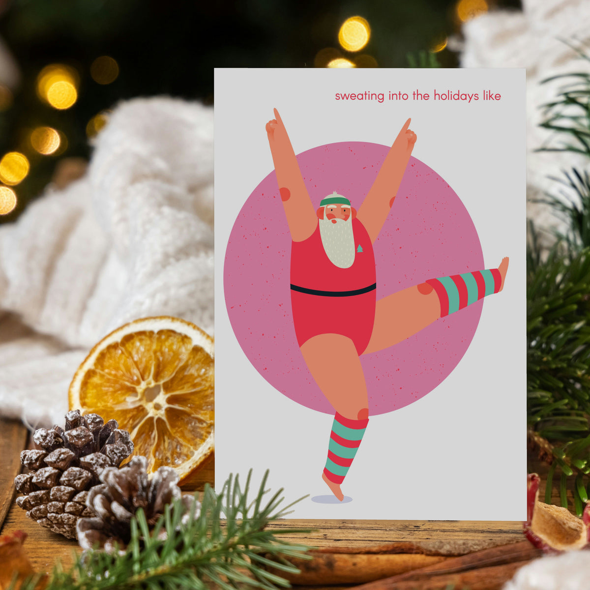 Holiday card set, 24 cards, flat vector Santa exercising with phrases including "workin' on my Santa bod" and "sweating into"