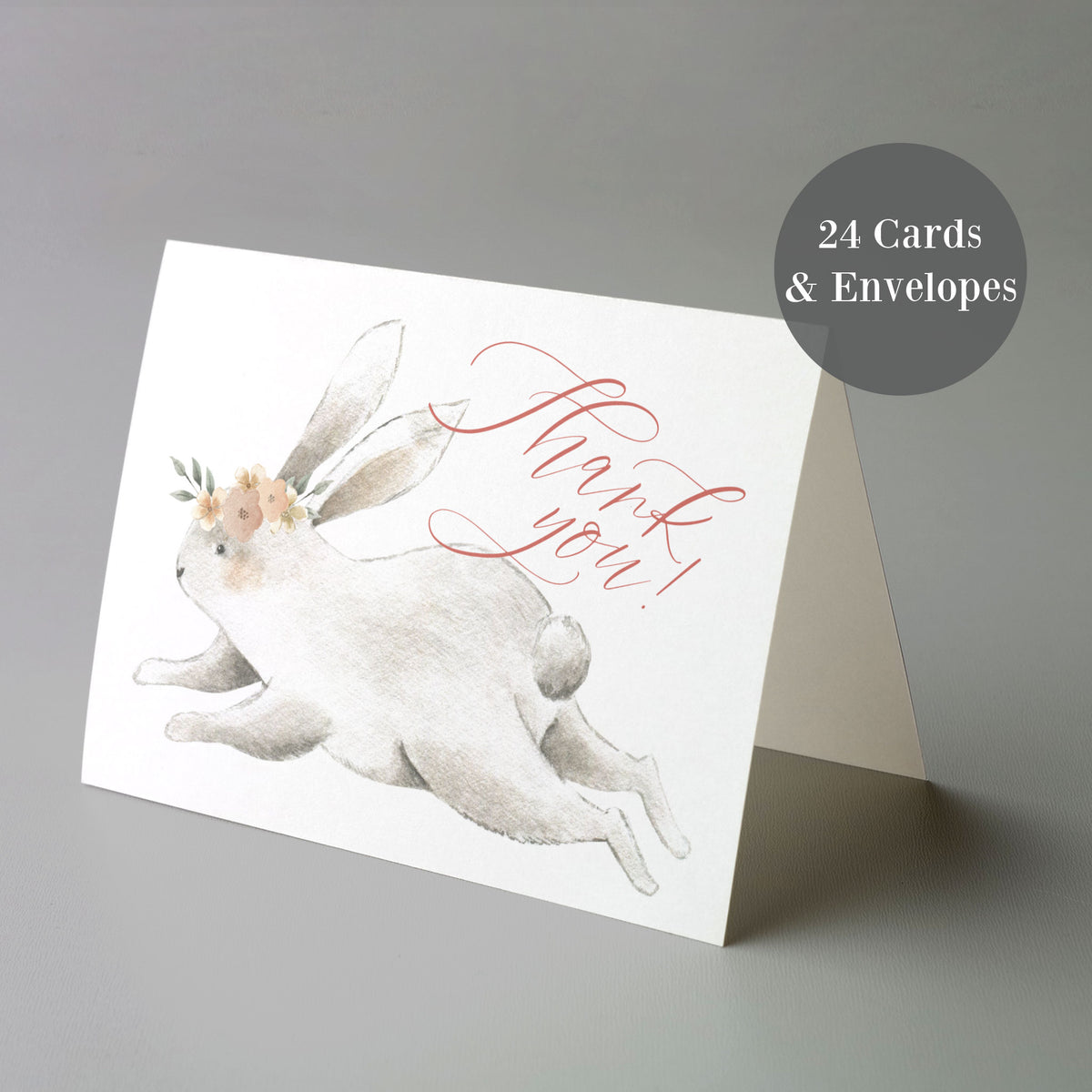 Rabbit thank you notecard set, 24 cards, soft neutral palette with red handwritten-style text.