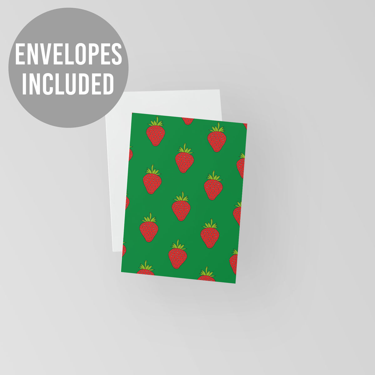 Graphic strawberry patterned notecards in a 24-card set with vibrant colors.