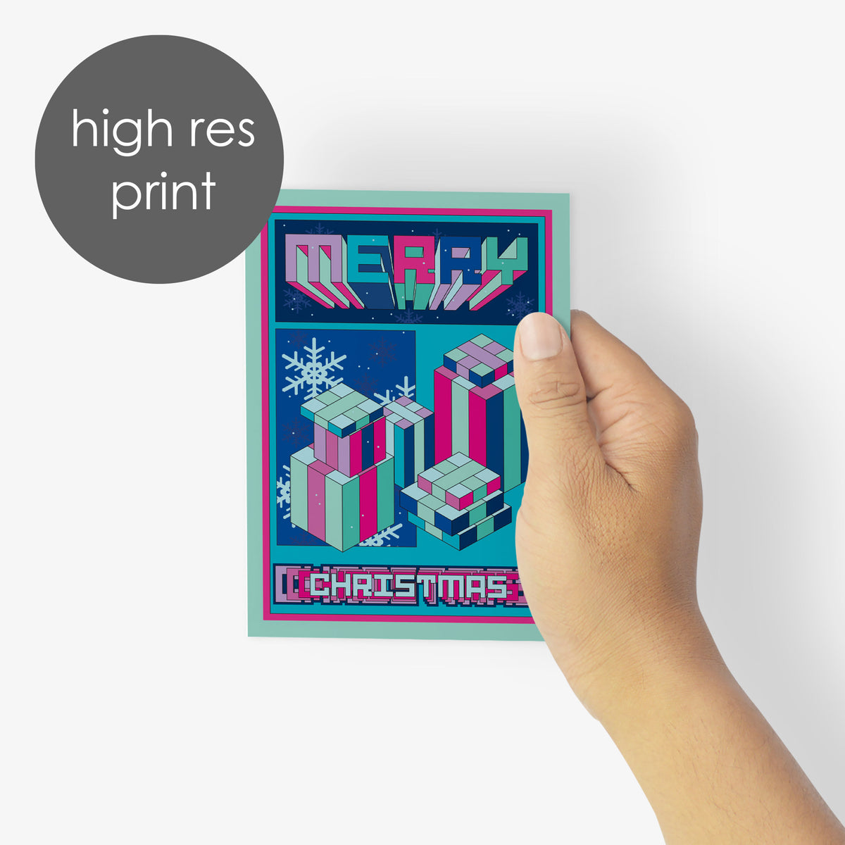 Christmas cards with 3D extruded block capitals, bitmap-style type, and geometric ornament shapes in an eighties-inspired col