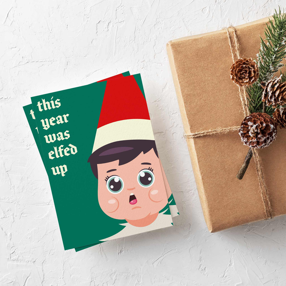 Funny Christmas card assortment, 24 cards total, with two of each of 12 humorous holiday phrases.