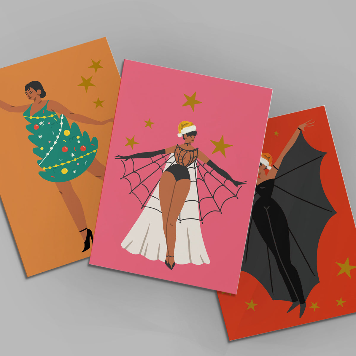 Holiday pin-up card set, 24 pieces, two of each design, portrait and landscape orientations included.