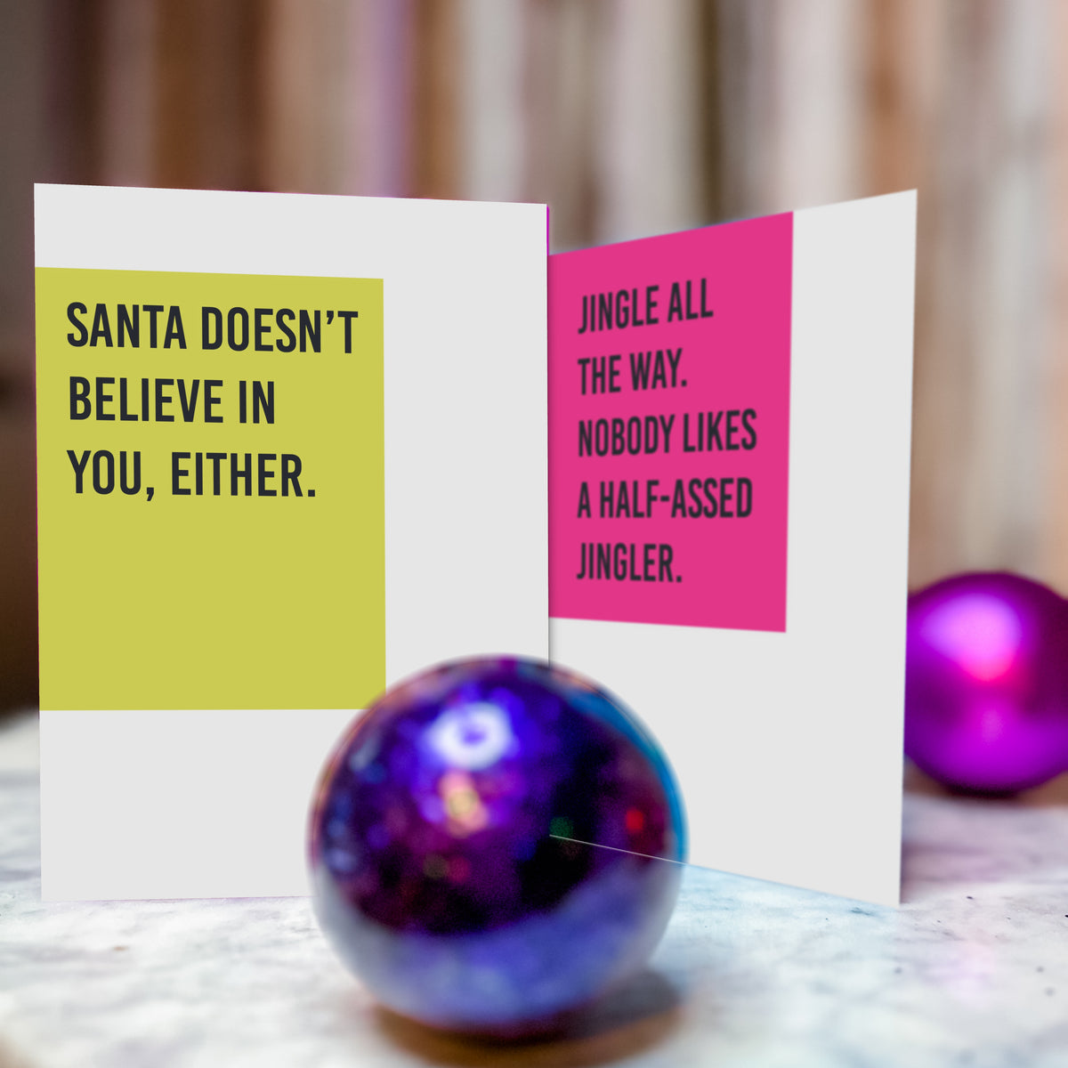 Card holiday assortment, six sarcastic designs repeated four times each, no imagery, text and color only.