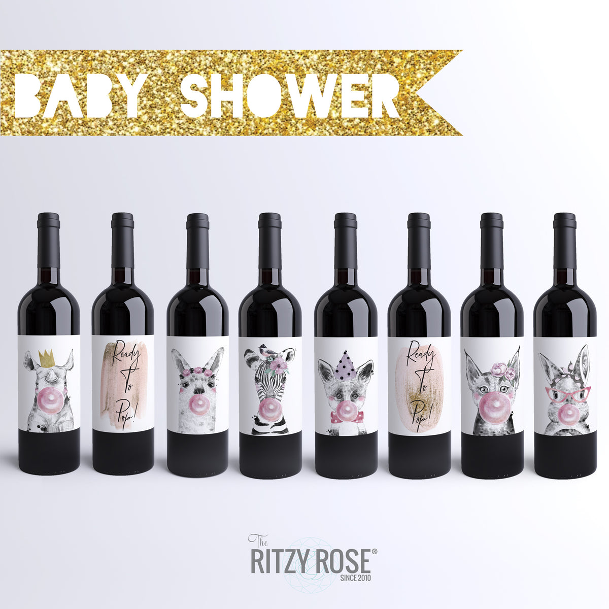 Ready to Pop Baby Shower Wine Labels, Pack of 8